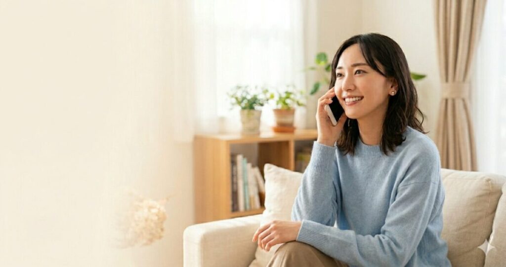 ココナラ電話占いの口コミを見て安心している女性のイメージ