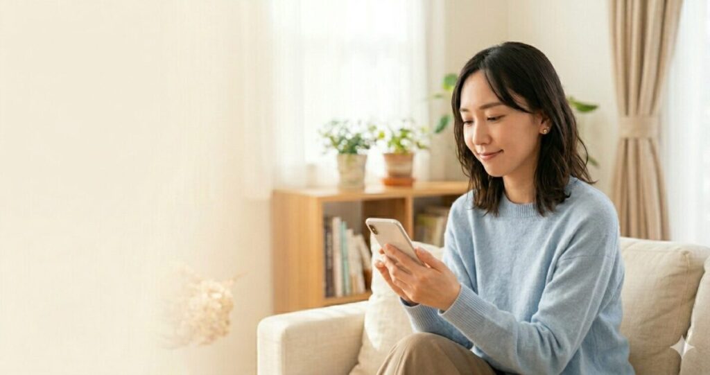 ココナラ電話占いの口コミを見て安心している女性のイメージ
