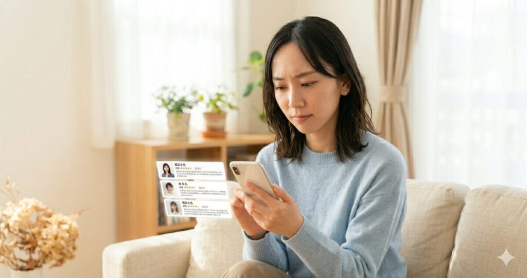 ココナラ電話占いを利用するか検討している女性のイメージ
