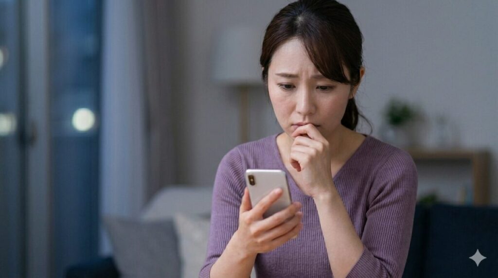 誰にも言えない不倫の悩み
少し不安そうな表情でスマホを見て悩んでいる女性
