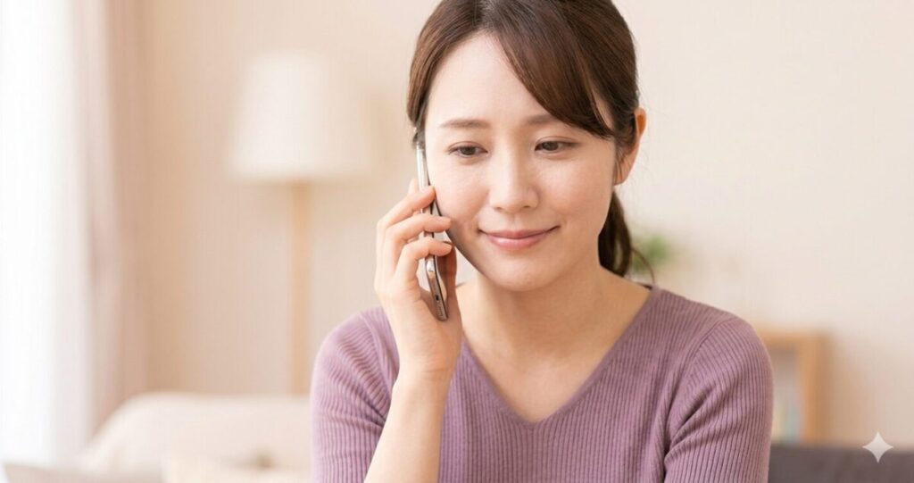 誰かに相談している安心感
少し安心した表情でスマホで通話している女性
