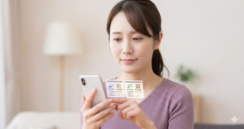 サービスを比較して選ぶイメージ
少し前向きな表情でスマホを見ながら考えている女性
