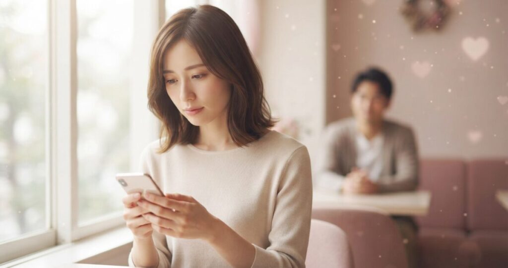 好きな男性の気持ちが分からず、相手の本音を知りたいと悩む女性
マートフォンを手にして少し考え込んでいる