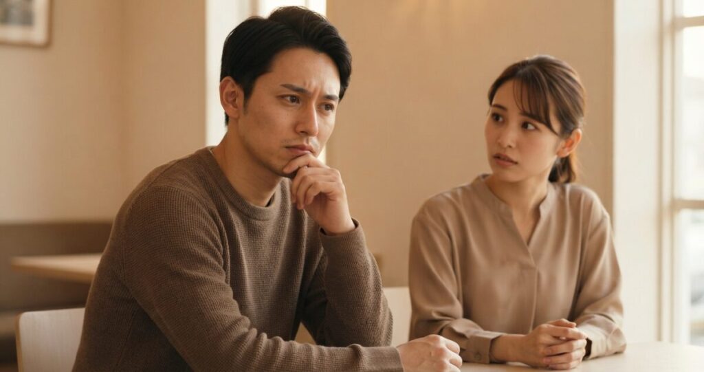 好きな女性を前にしながら、自分の気持ちを素直に表せず考え込んでいる男性
男性は落ち着いた服装で、女性を気にしながらも少し視線をそらしている
女性は男性の様子を気にしている