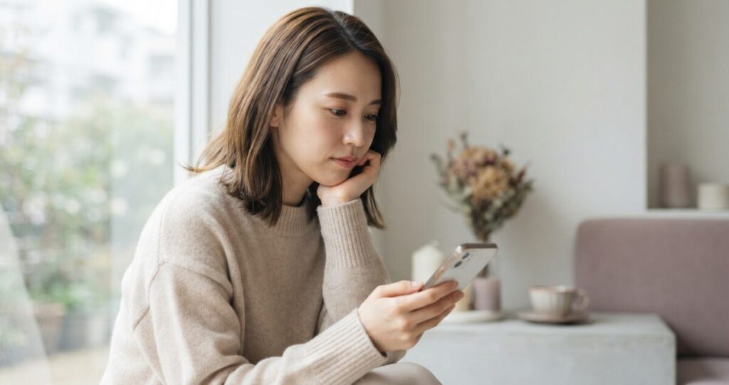 スマートフォンや占い結果を見ながら不安そうに考え込む女性
「どう受け止めればいいのだろう」と考えている