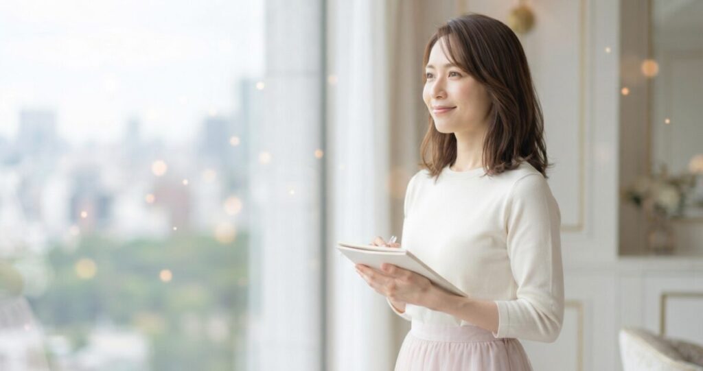 彼の気持ちに悩んでいた女性が、自分の気持ちを整理しながら前向きな一歩を考えている
窓辺で柔らかな光を受けながら、穏やかな表情で前を見ている
