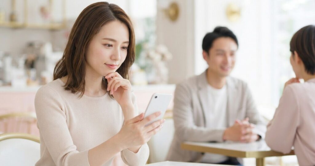 スマートフォンでのやり取りや会話、視線などから、彼の気持ちを読み取ろうとしている女性
スマートフォンを見ながら穏やかに考えている