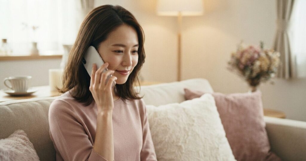 電話占いで恋愛の悩みを相談している女性
スマートフォンを耳に当て、彼の気持ちについて抱えていた不安を話しながら、少しずつ気持ちを整理している