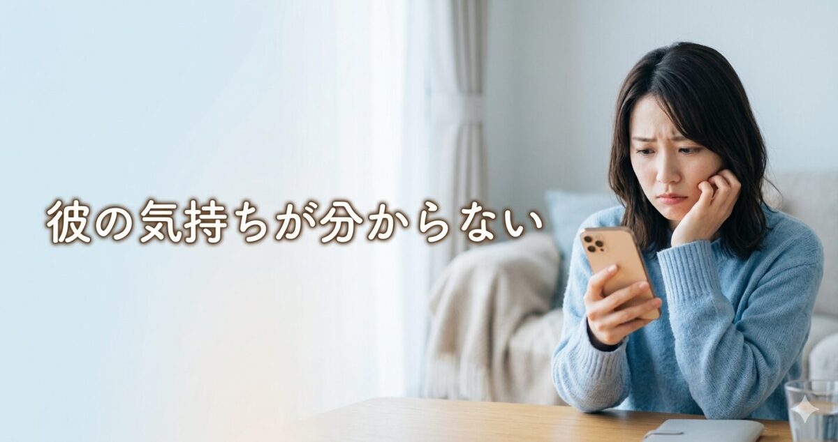 彼の気持ちが分からず悩む女性 スマホを見て考えている ・少し不安そうな表情
