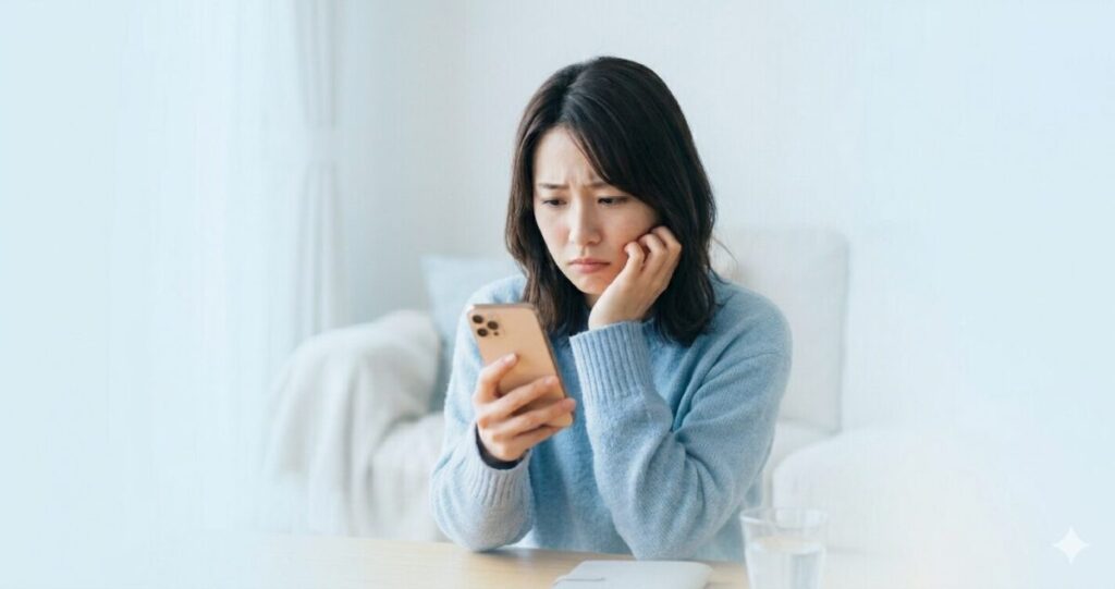 彼の気持ちがわからなくて不安な気持ちの女性
スマホを見て悩んでいる
