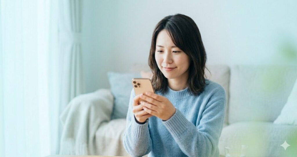 気持ちが落ち着いた女性
スマホを軽く見ている
