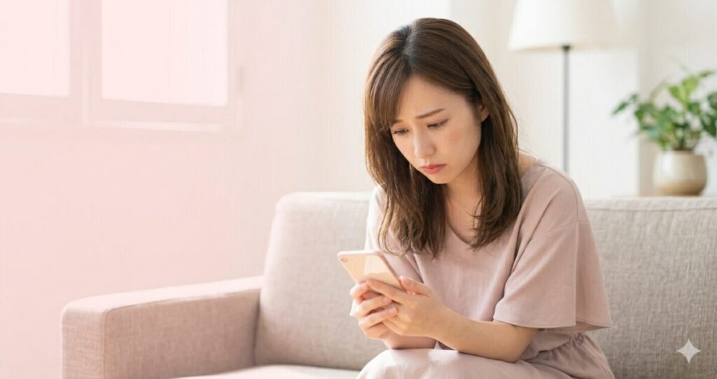スマホを持って少しうつむき気味に女性が一人で座っている
