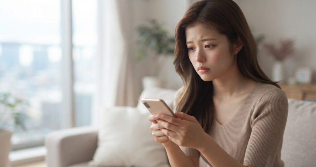 元恋人の気持ちや本音が分からず、不安を感じている女性。
スマートフォンの画面を見ながら、少し寂しそうに考えている表情。恋人との過去を思い出している