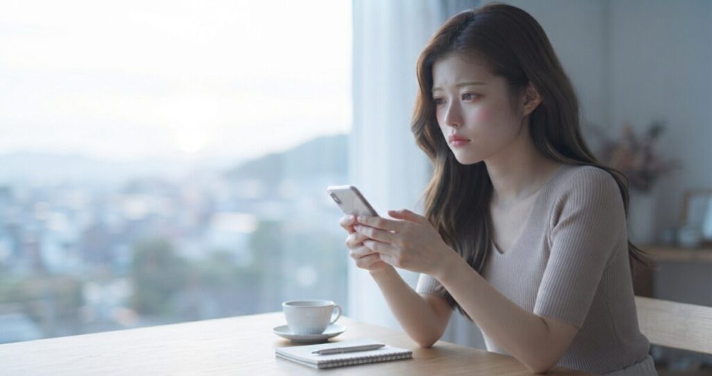 元恋人へ連絡したい気持ちを抑え、焦らず考えようとしている女性。
スマートフォンを持ちながら送信するか迷っている姿。表情は不安ながらも冷静さを取り戻そうとしている雰囲気。