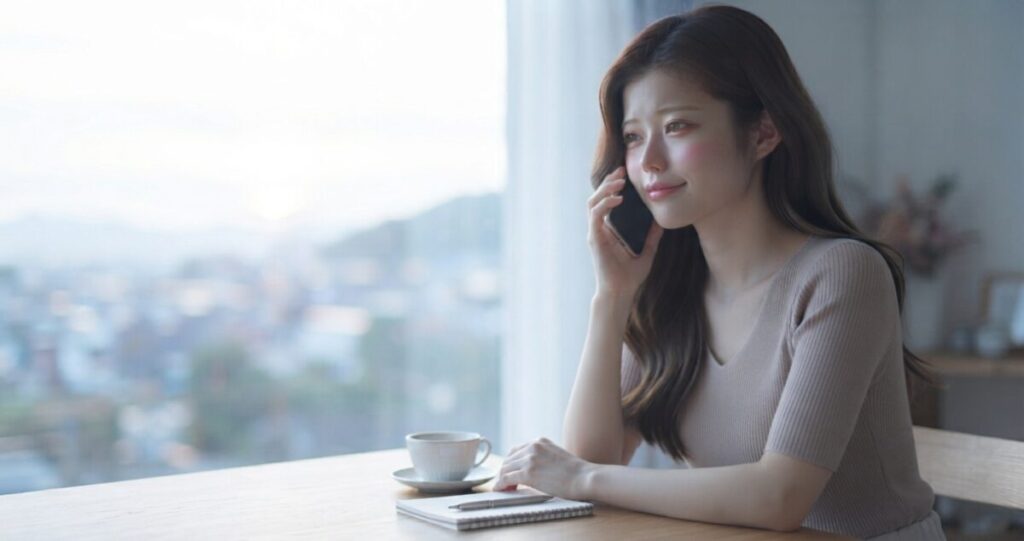 復縁について誰かに相談し、自分の気持ちを整理しようとしている女性。
女性が自宅で電話相談をしている自然な姿。表情は安心感があり、少し気持ちが軽くなったような穏やかな表情。