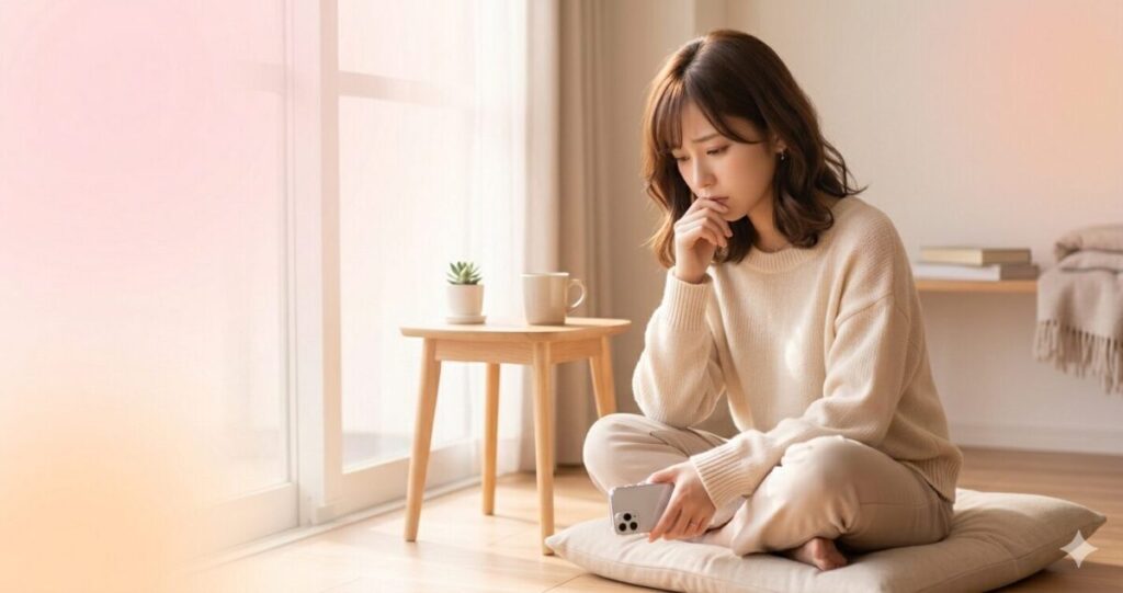 一人で恋愛の悩みを抱えている女性
部屋の中で一人でスマホを手に持ちながら考え込んでいる
