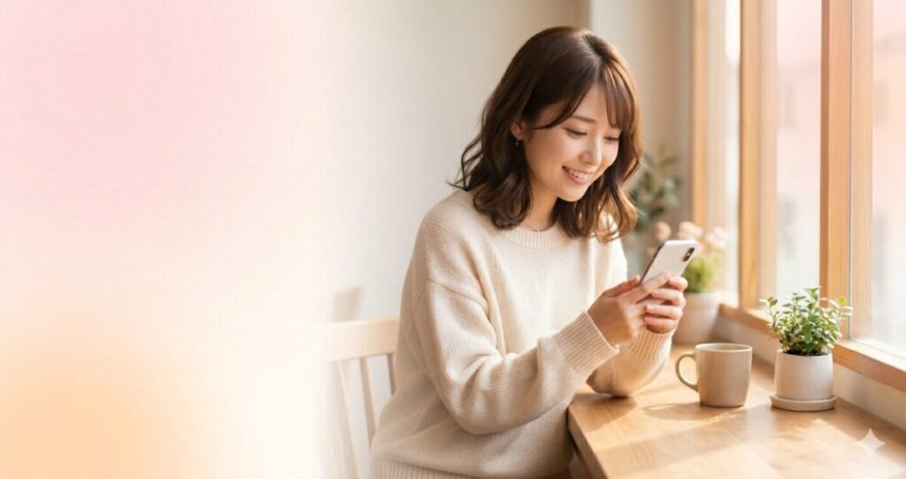 気持ちが少し軽くなった女性
スマホを見ながら少し安心した表情
