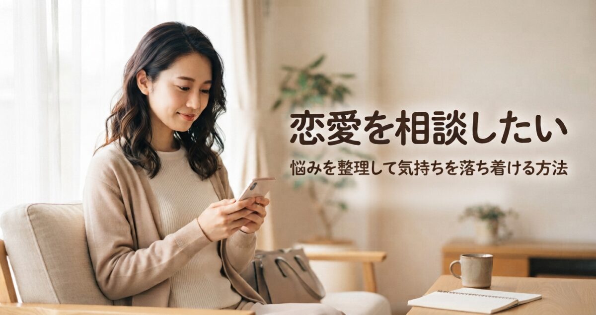 恋愛を相談したい 悩みを整理して気持ちを落ち着ける方法 スマートフォンを手にして恋愛の悩みを誰かに相談したいと感じている女性が、気持ちを整理しながら前向きな一歩を考えている