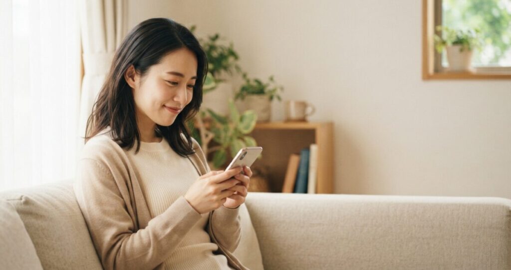 恋愛の悩みを抱えながら、一人で考え込んでいる女性
スマートフォンを手にしながら少し考え込んでいる