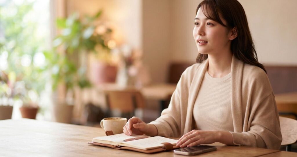 恋愛について誰かに相談し、自分の気持ちや相手への思いを整理している女性
