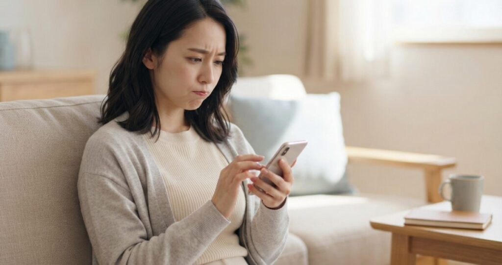不安な気持ちからスマートフォンで連絡しようとするものの、一度立ち止まって考えている女性。

