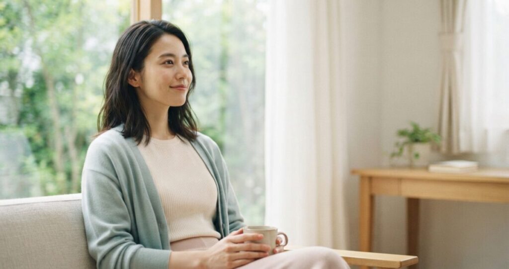 恋愛の悩みを乗り越え、前向きな気持ちでこれからのことを考えている女性。
