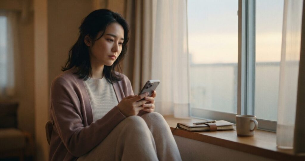 好きな人や恋人のことを考えすぎてしまい、自分の心の状態を見つめ直している女性。
窓辺でスマートフォンを見ながら考えている