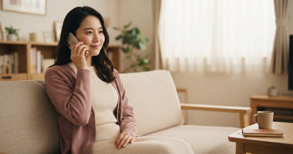 恋愛の悩みを電話で相談し、安心した表情を見せている女性
スマートフォンを耳に当てて自然に話している。表情は穏やかで安心感があり、悩みを話すことで少し心が軽くなった印象
