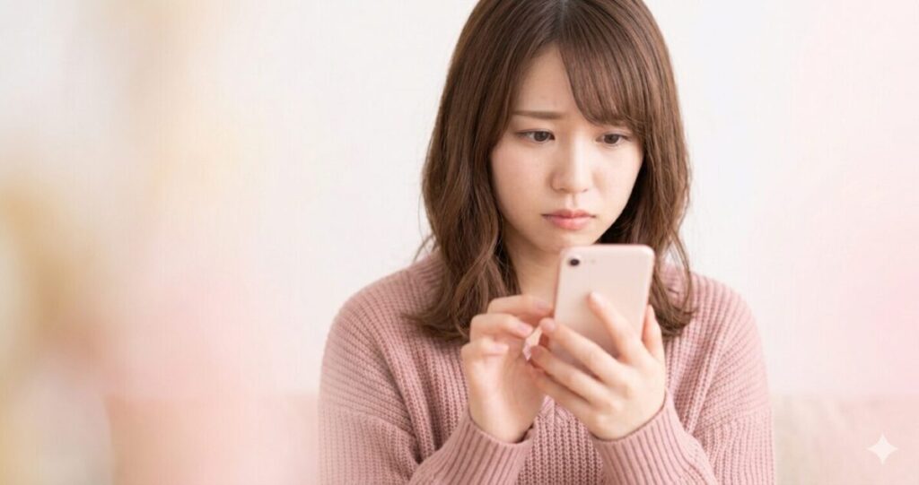 片思いで悩んでいる女性
少し不安そうな表情でスマホを見ている女性
