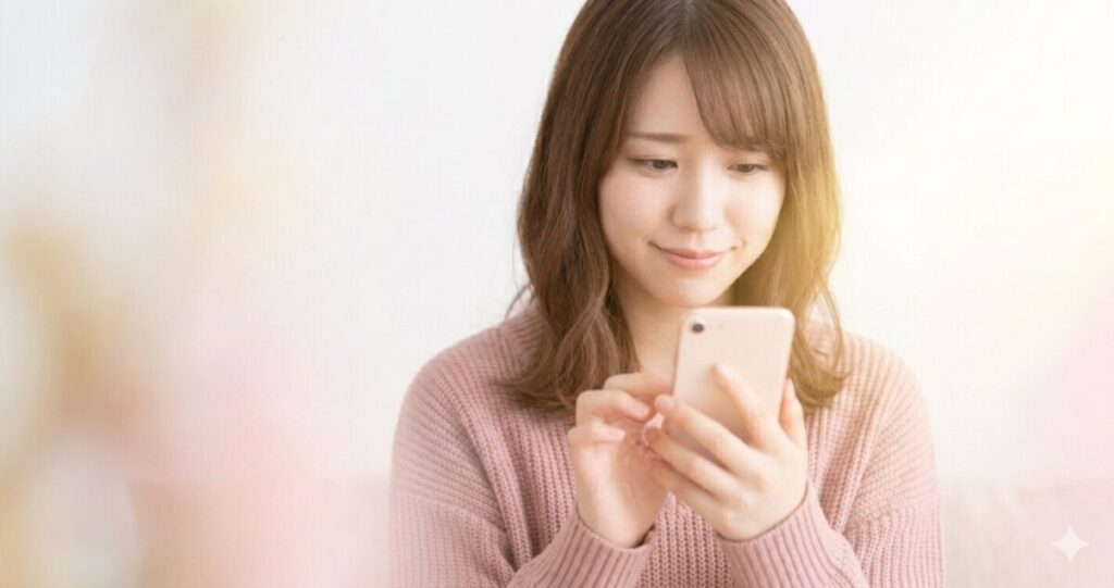 前向きになれるイメージ
スマホを見て少し安心した女性
