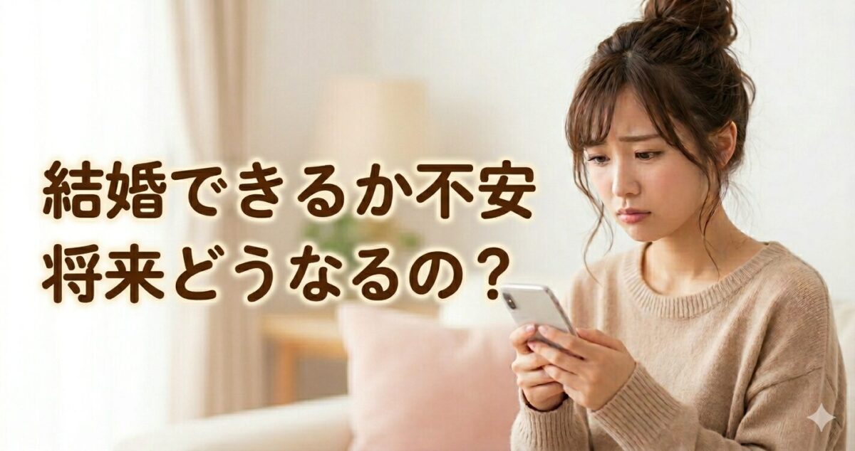 結婚できるか不安 将来どうなるの？ 少し不安そうな表情でスマホを見ている女性