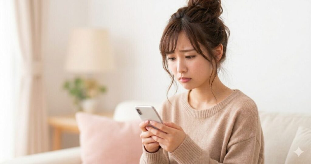 結婚に不安を感じている女性
やや下向きでスマホを見て悩む女性
