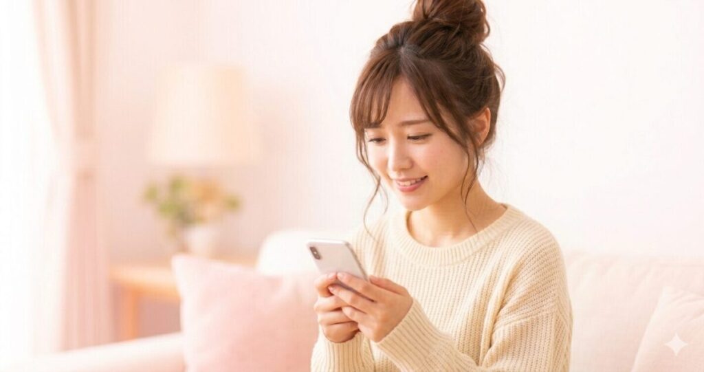 前向きになれるイメージ
少し笑顔でスマホを見て安心した女性
