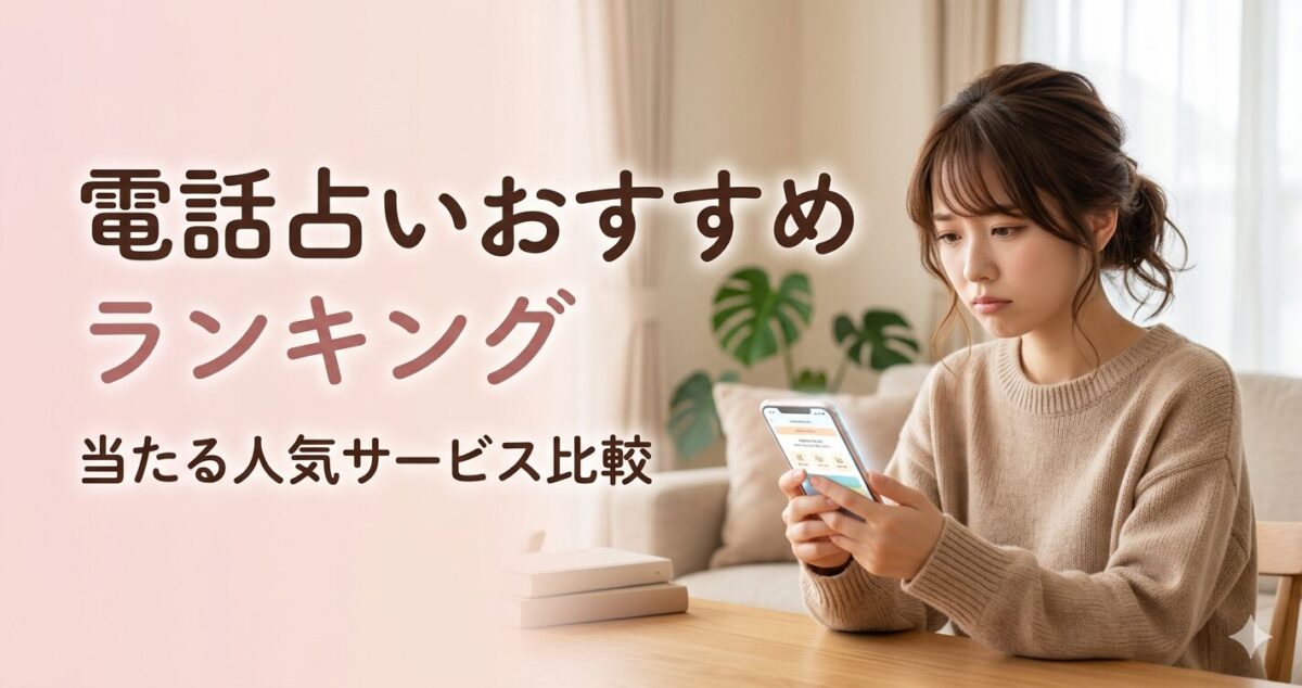 「電話占いおすすめランキング」（タイトル） 「当たる人気サービス比較」（サブタイトル） ・スマホを見ている女性 ・少し悩んでいる表情