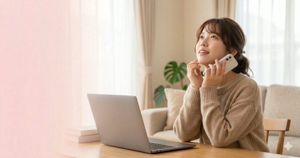 ・スマホを見て比較している女性
・考えている様子
サービスを選ぶイメージ
