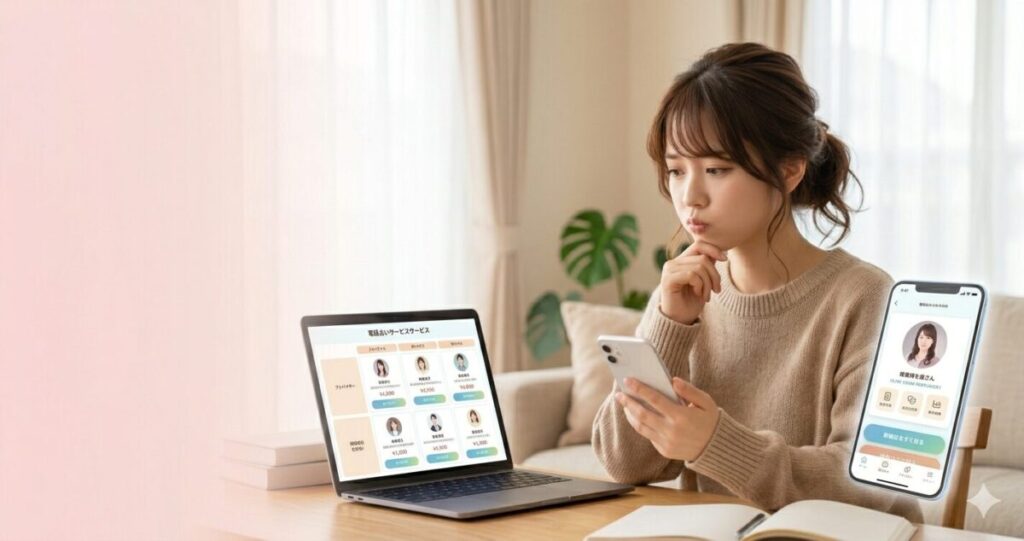 比較・検討
・悩んでいる女性
・選択しているイメージ
