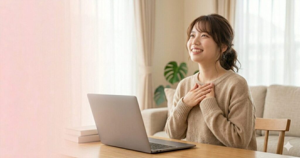 電話占いを利用して安心・納得してホッとしている笑顔の女性
