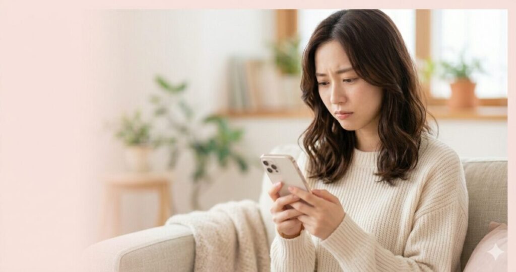 電話占いに不安を感じている女性
やや下向きにスマホを見て悩む女性
