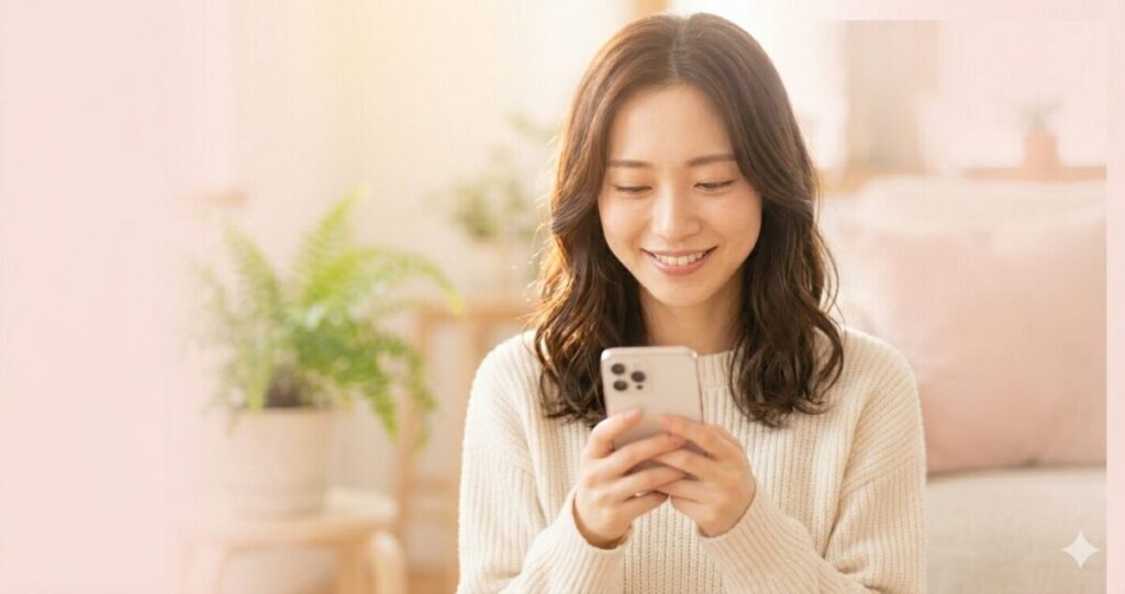 安心して利用できたイメージ
スマホを見て安心した女性