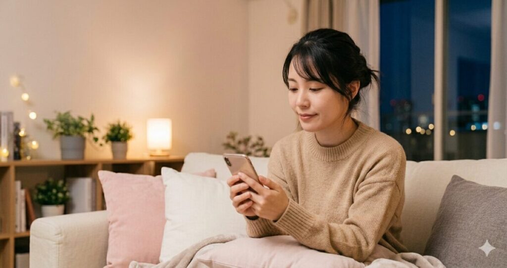 安心できるサービス電話占いウィルを落ち着いた雰囲気でスマホを見ているの女性
