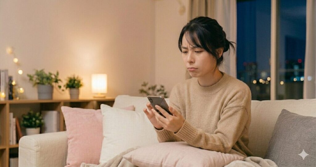 電話占いのサービス選びでスマホを見て悩む女性