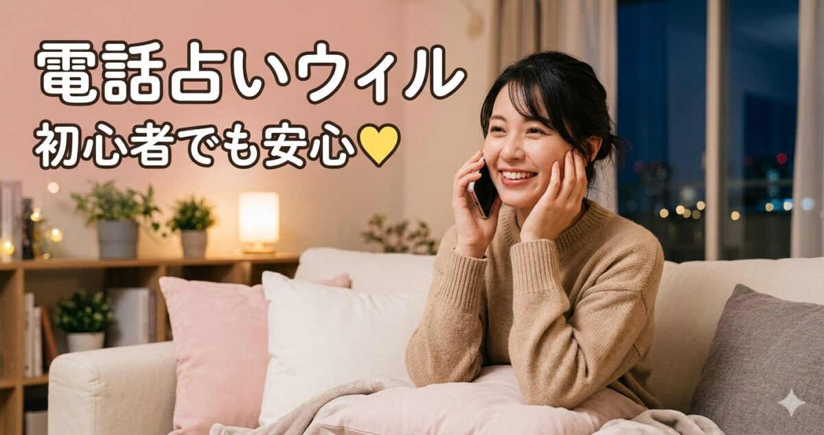 電話占いウィル」「初心者でも安心」 電話占いウィルに女性がスマホで相談している