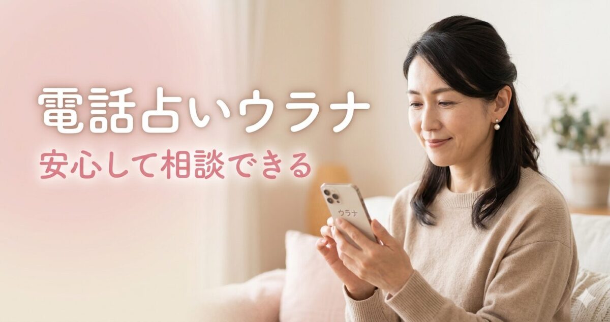 電話占いウラナ 安心して相談できる やや安心した穏やかな表情でスマホを見ている女性