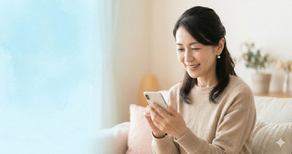 電話占いウラナの口コミを見て安心している女性のイメージ
