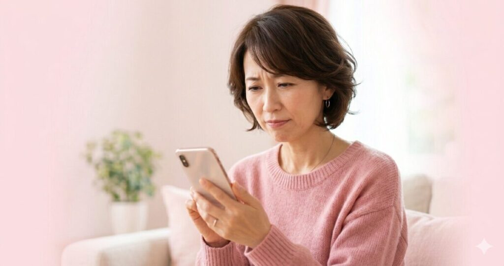 電話占いピュアリをスマホで見て悩んでいる女性