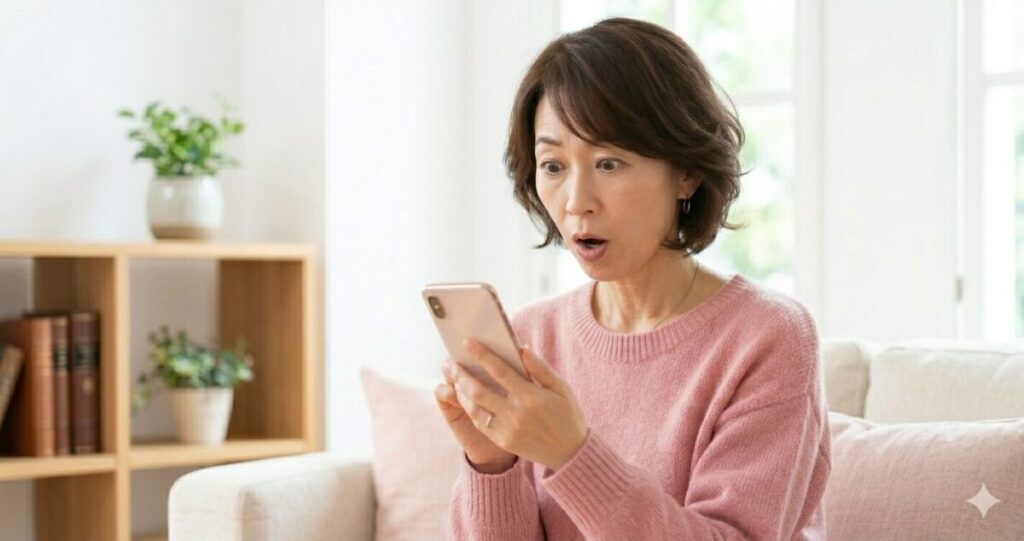 電話占いピュアリをスマホで確認して驚いた表情の女性