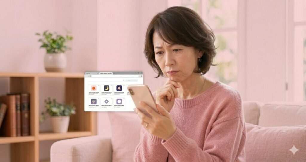 電話占いピュアリをスマホで見て他のサービスと比較して悩んでいる女性