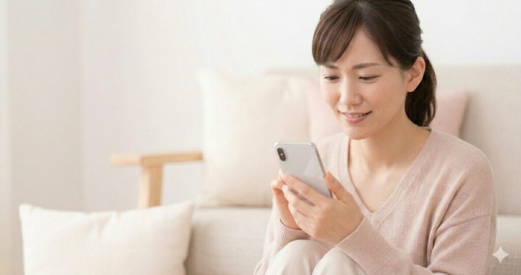 電話占いリエルの口コミを見て安心している女性のイメージ
