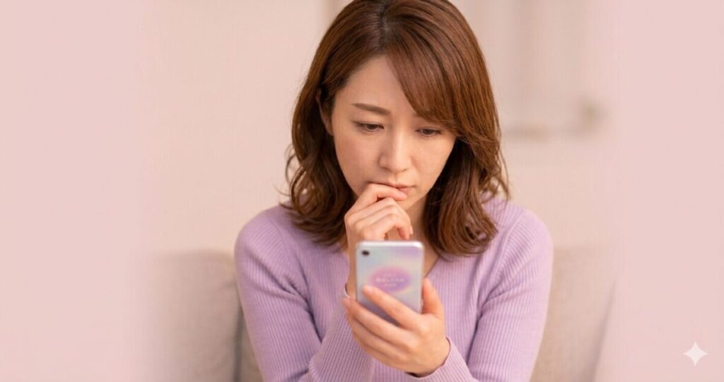 電話占いリノアで不安・恋愛の悩み、スマホを見て悩んでいる女性
