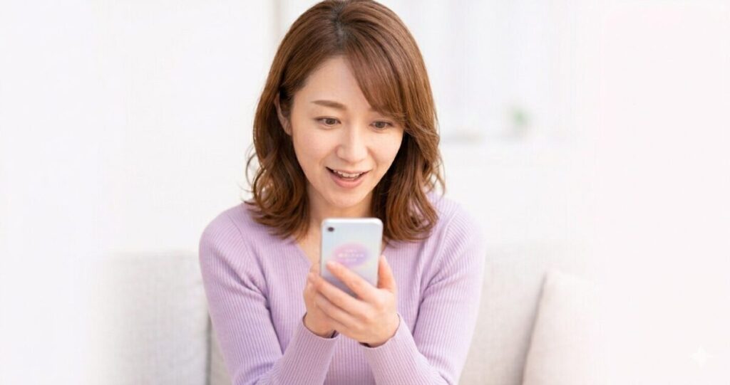 電話占いリノアで発見・納得、スマホを見て少し驚く女性
